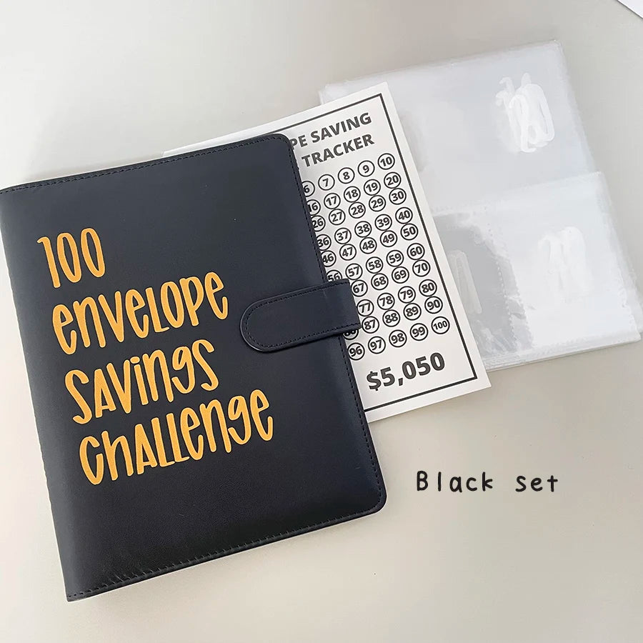A5 PU 100 Envelope Saving Challenge Book,Binder Collect Book Set,25 Sheets 100 Pockets Number Sleeves, Full Set Holder