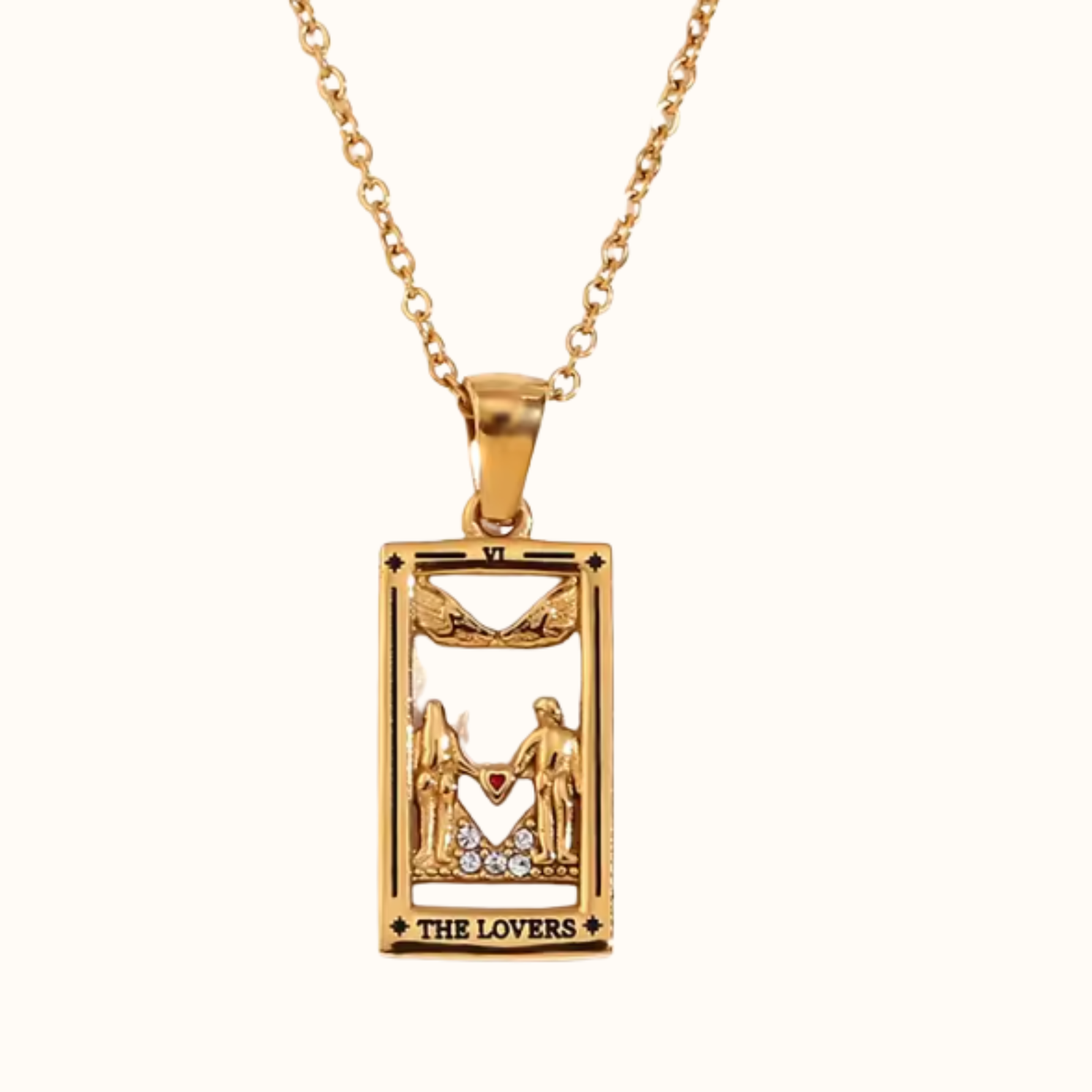Collar carta del tarot Los Enamorados baño de oro 18K