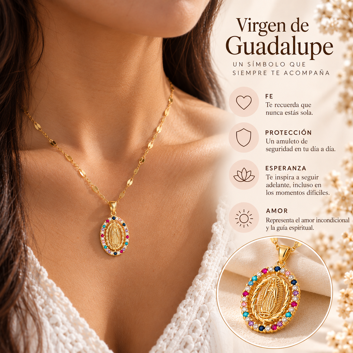 Medalla Virgen de Guadalupe puesta: fe, protección, esperanza y amor