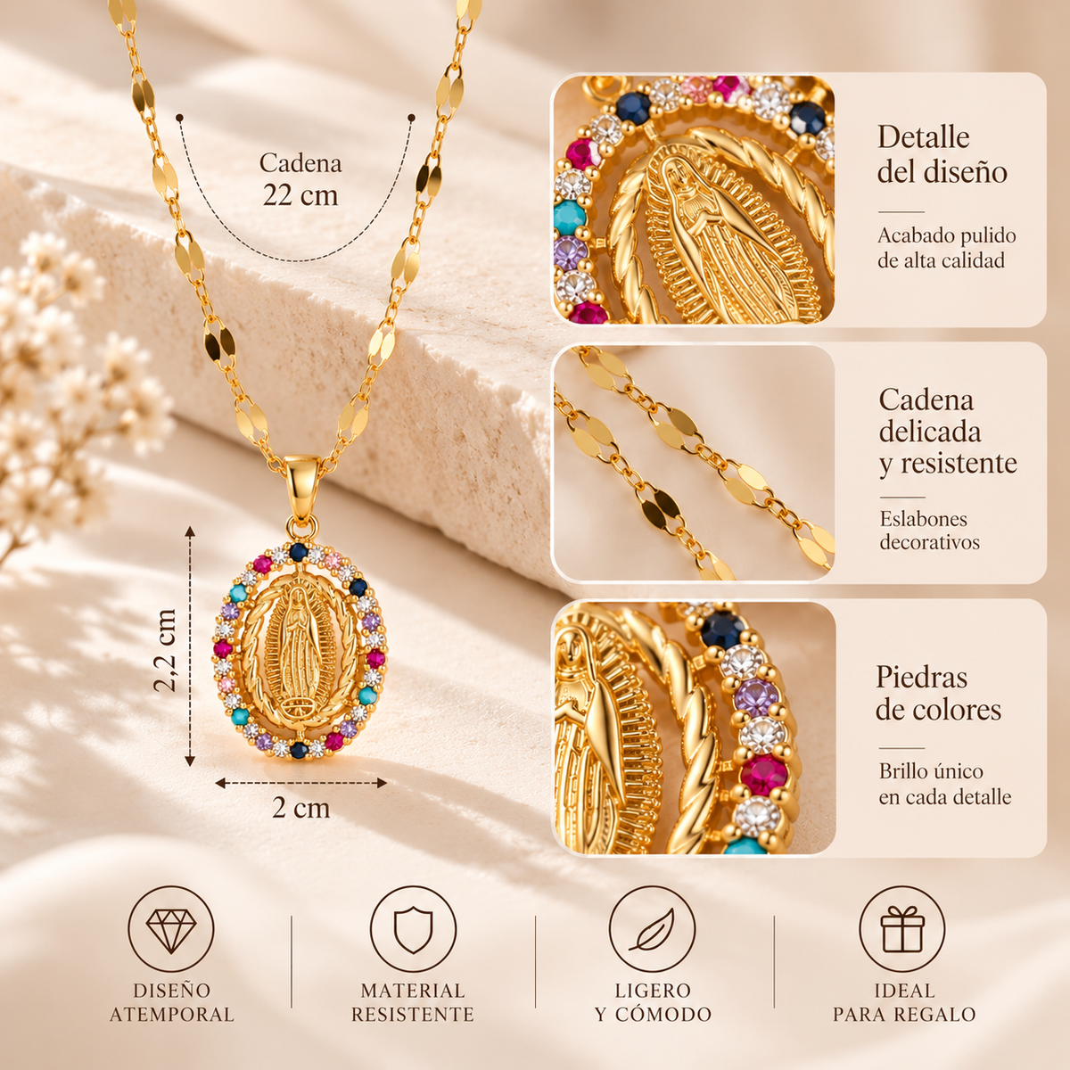 Detalles del diseño, la cadena y las piedras de colores